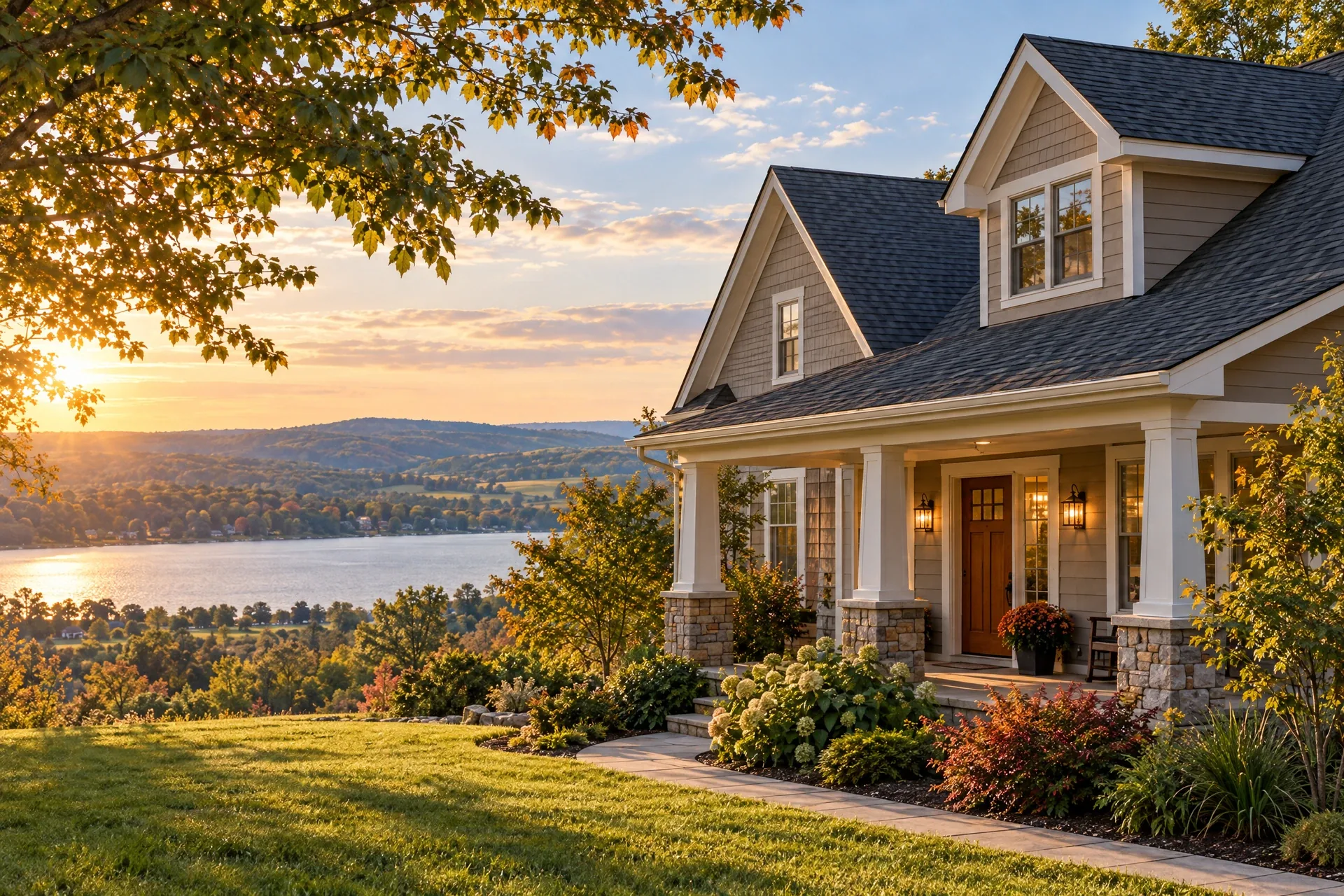 Traditional porch-front home overlooking a Finger Lake in evening light A traditional porch-front home overlooking a Finger Lake and wooded hills in warm evening light